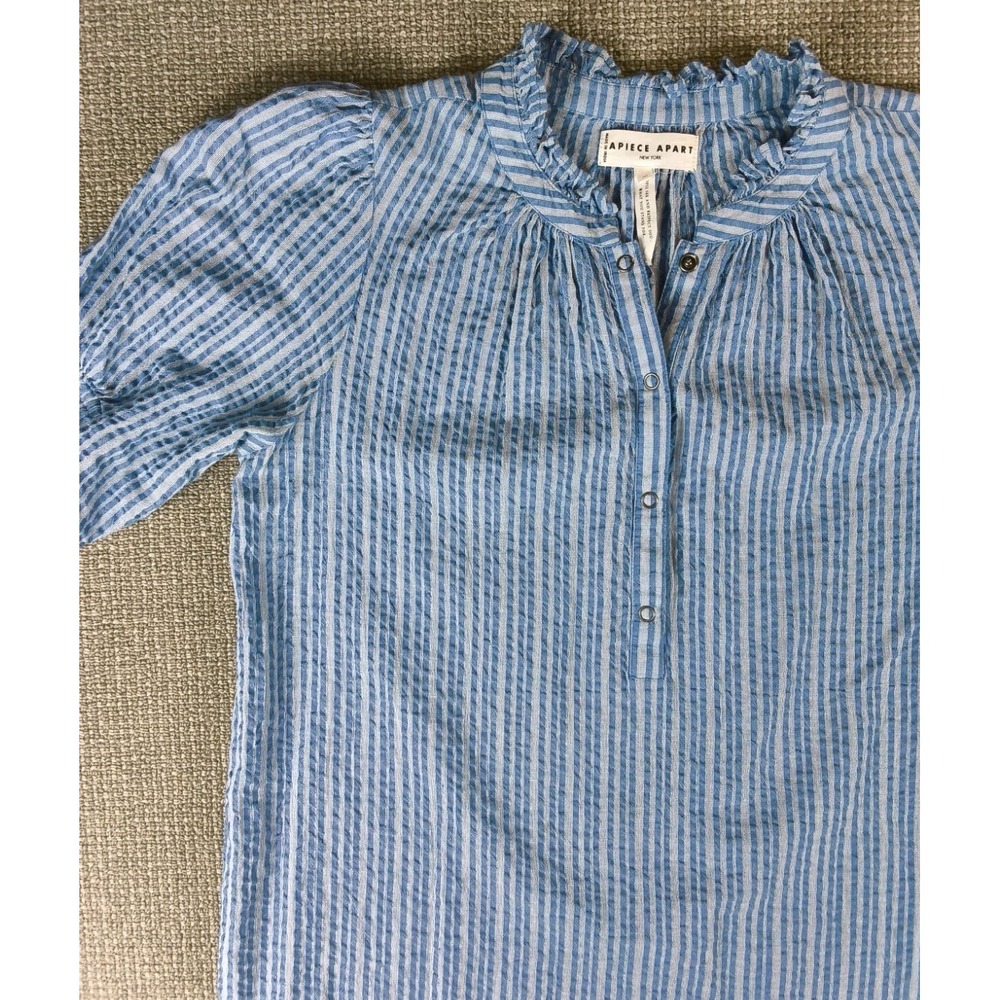 Apiece Apart Los Altos Seersucker Stripe Puff Sleeve Blouse Blue White